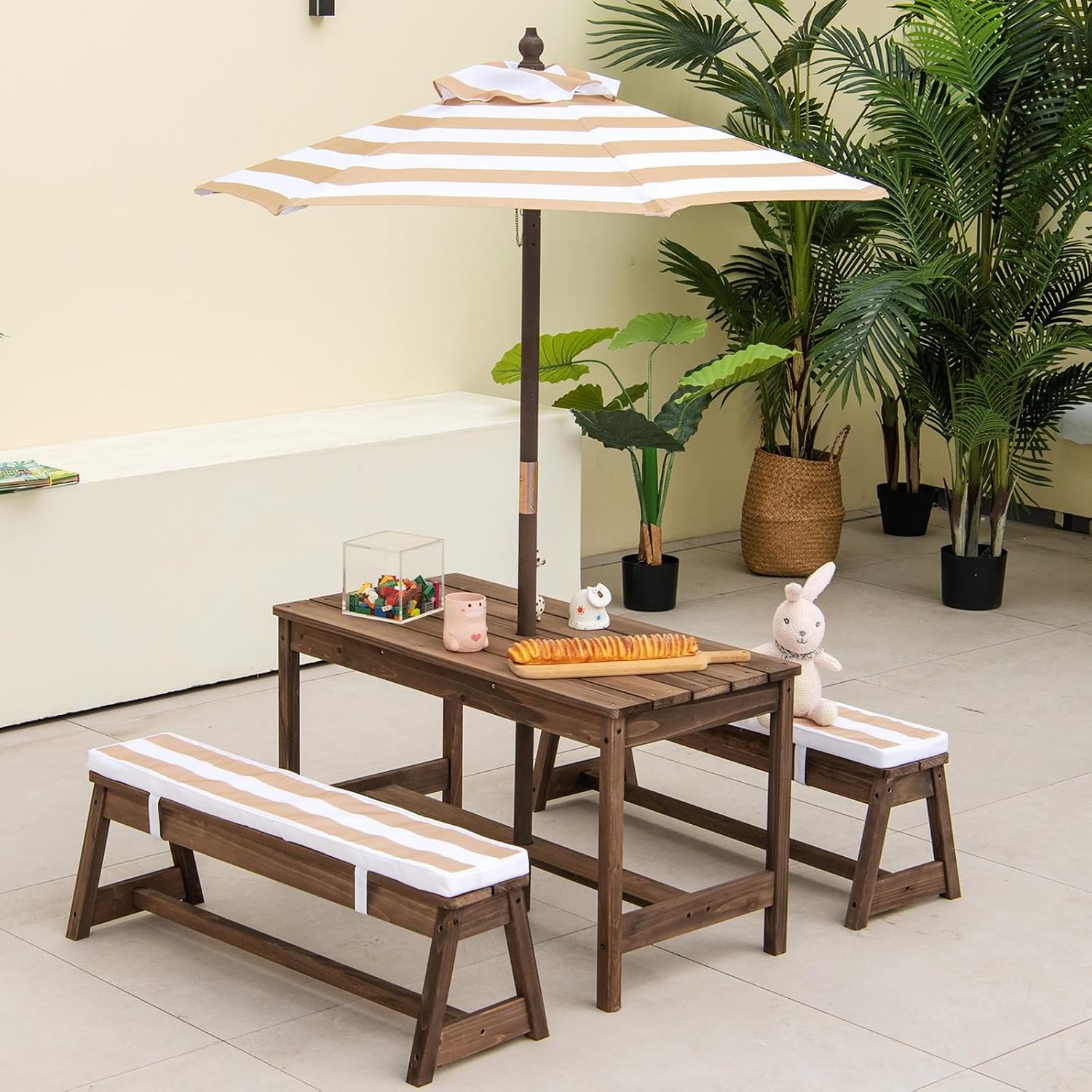 Kids Outdoor Table With Umbrella - Wooden Kids Picnic Table for Toddlers,