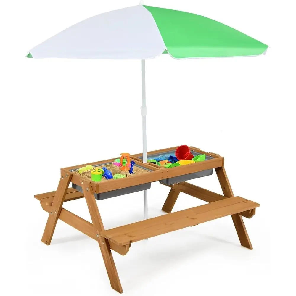 4-in-1 Wooden Sand & Water Pic - Kids Outdoor Table With Umbrella ulasan dan harga