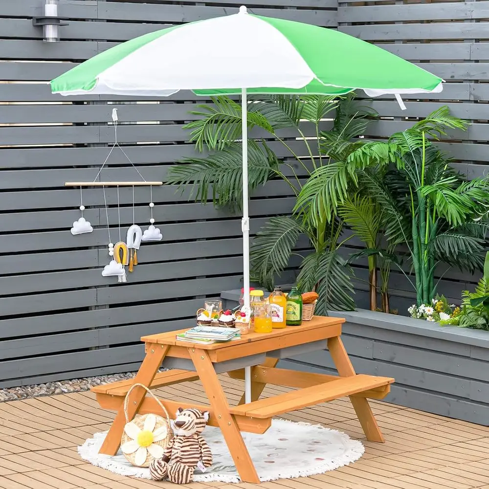 4-in-1 Wooden Sand & Water Pic - Kids Outdoor Table With Umbrella ulasan dan harga