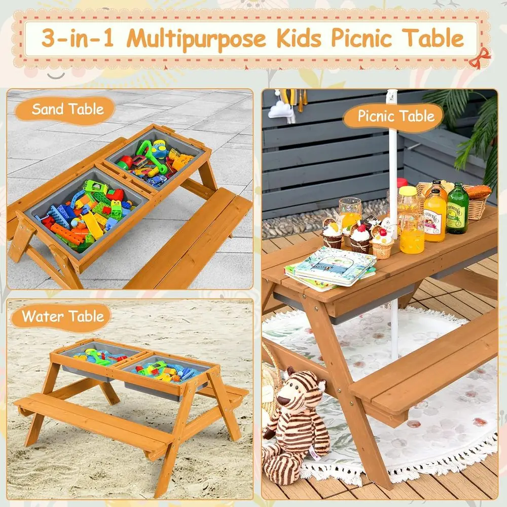 4-in-1 Wooden Sand & Water Pic - Kids Outdoor Table With Umbrella ulasan dan harga