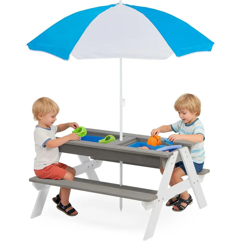 Convertible 3-in-1 Wooden Picn - Kids Outdoor Table With Umbrella ulasan dan harga
