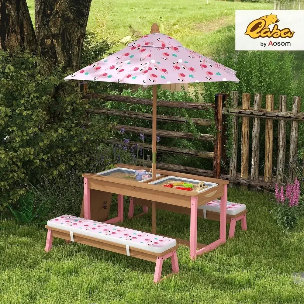 Wooden Picnic Table Set with U - Kids Outdoor Table With Umbrella ulasan dan harga
