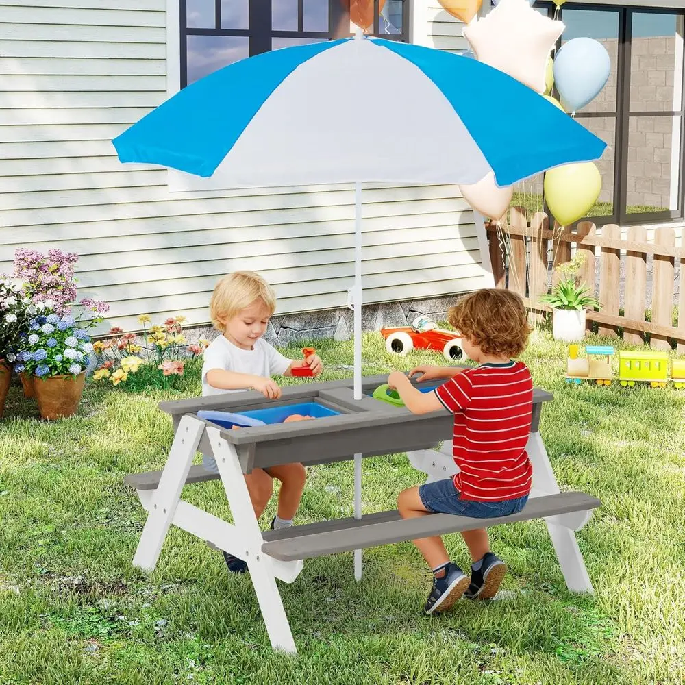 Convertible 3-in-1 Wooden Picn - Kids Outdoor Table With Umbrella ulasan dan harga