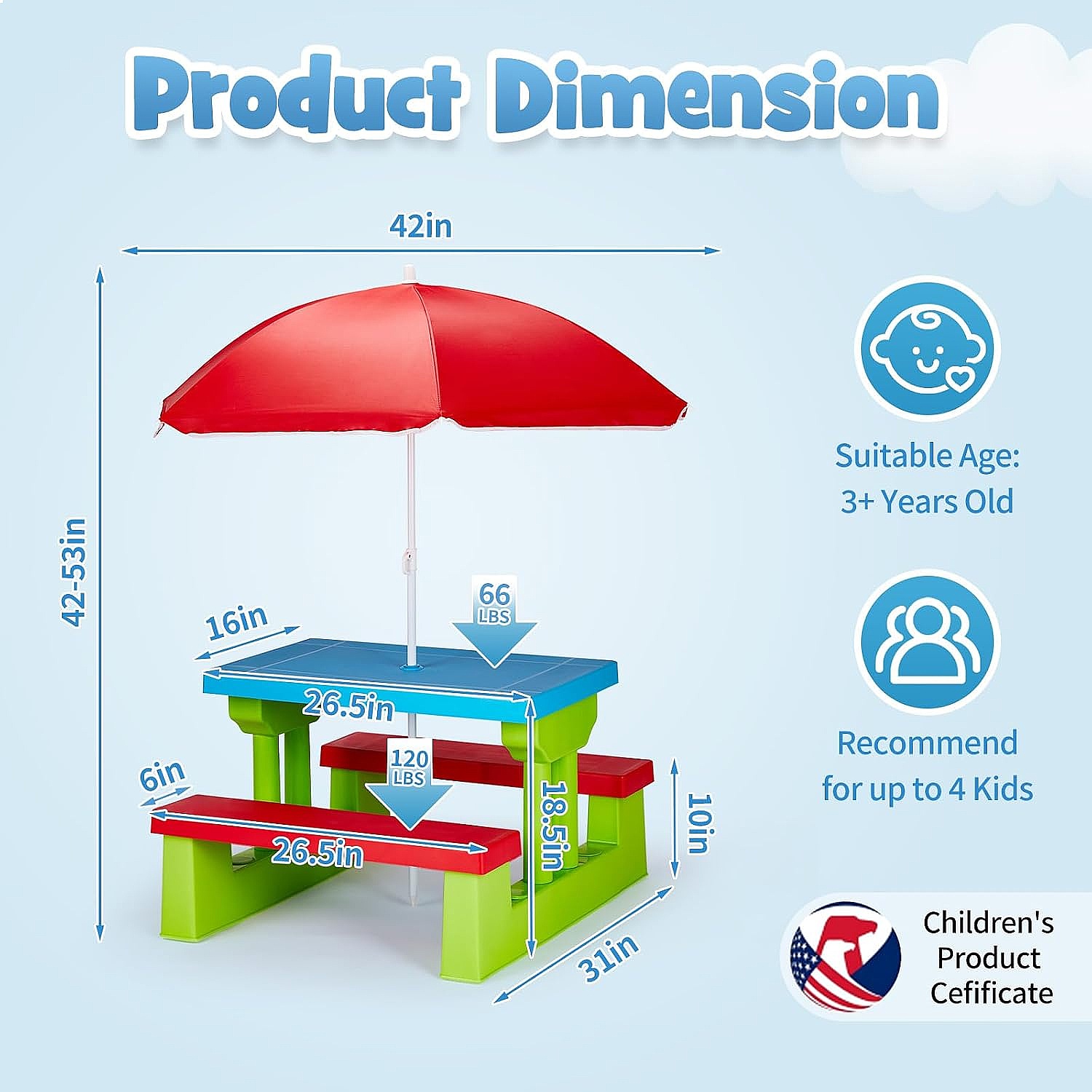 JOYMOR Kids Picnic Table with  - Kids Outdoor Bench With Umbrella ulasan dan harga