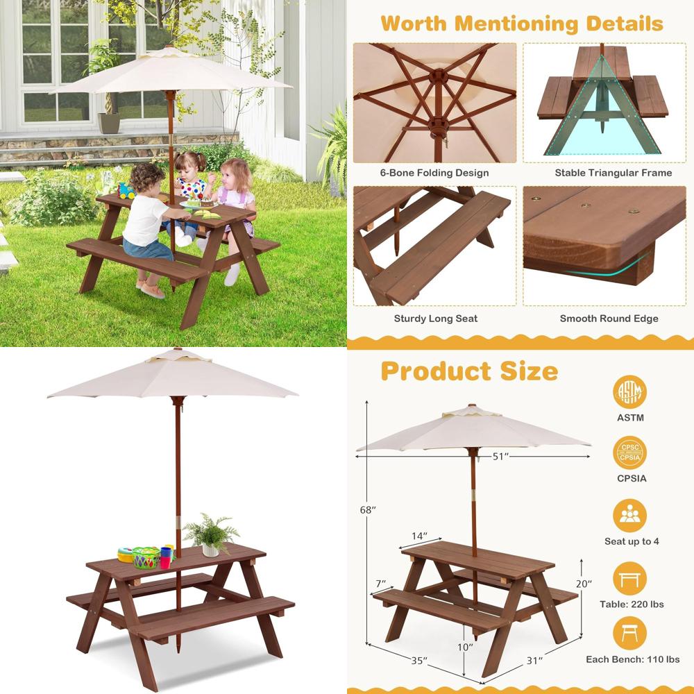 Durable Wooden Kids Picnic Tab - Kids Outdoor Table With Umbrella ulasan dan harga