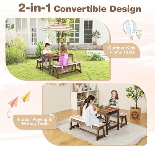 Kids Picnic Table, Outdoor Woo - Kids Outdoor Bench With Umbrella ulasan dan harga