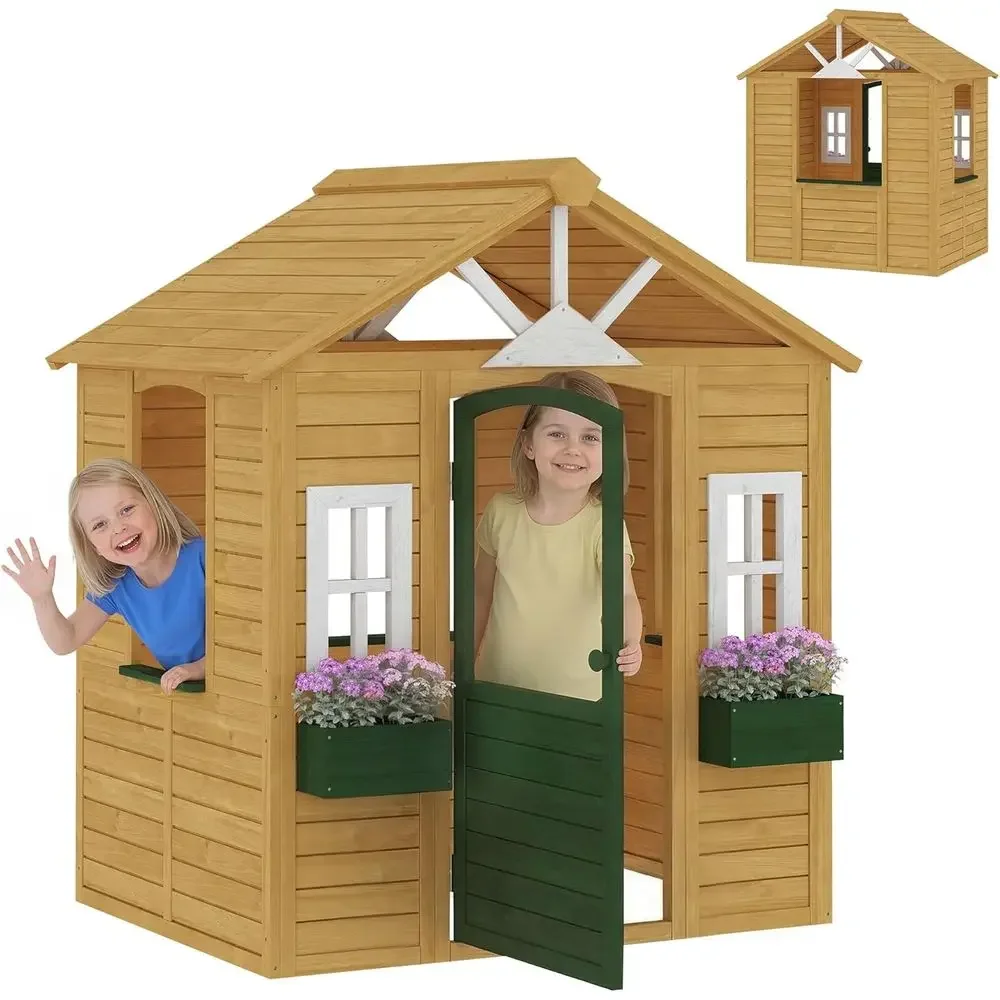 Qaba Outdoor Playhouse, Wooden - Qaba Kids Outdoor Playhouse ulasan dan harga