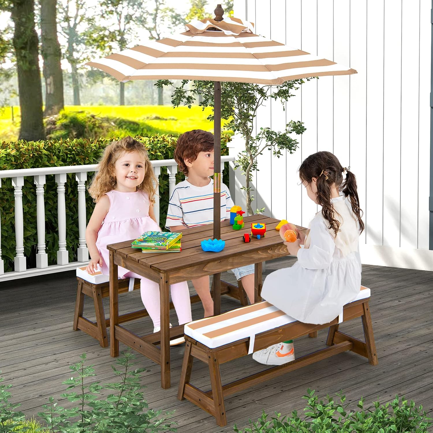 Wooden Kids Picnic Table for T - Kids Outdoor Table With Umbrella ulasan dan harga