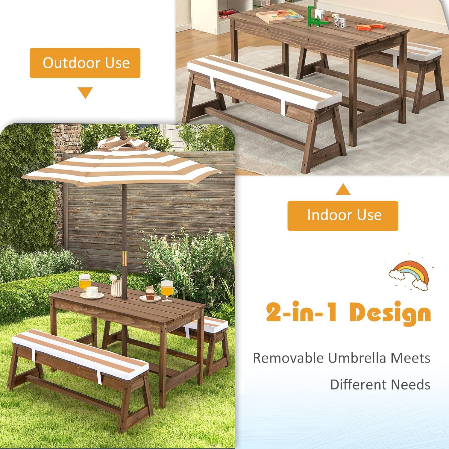 Wooden Kids Picnic Table for T - Kids Outdoor Table With Umbrella ulasan dan harga