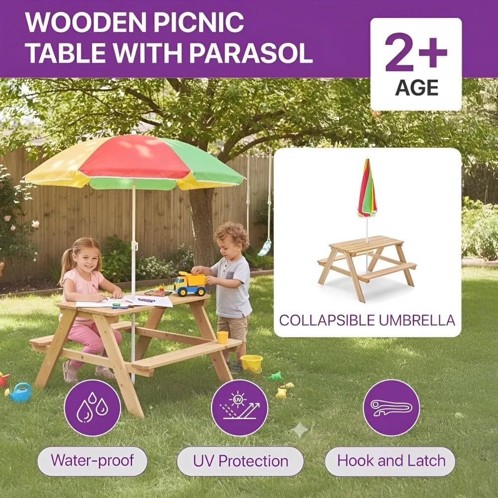 Wooden Kids Picnic Table Outdo - Kids Outdoor Bench With Umbrella ulasan dan harga