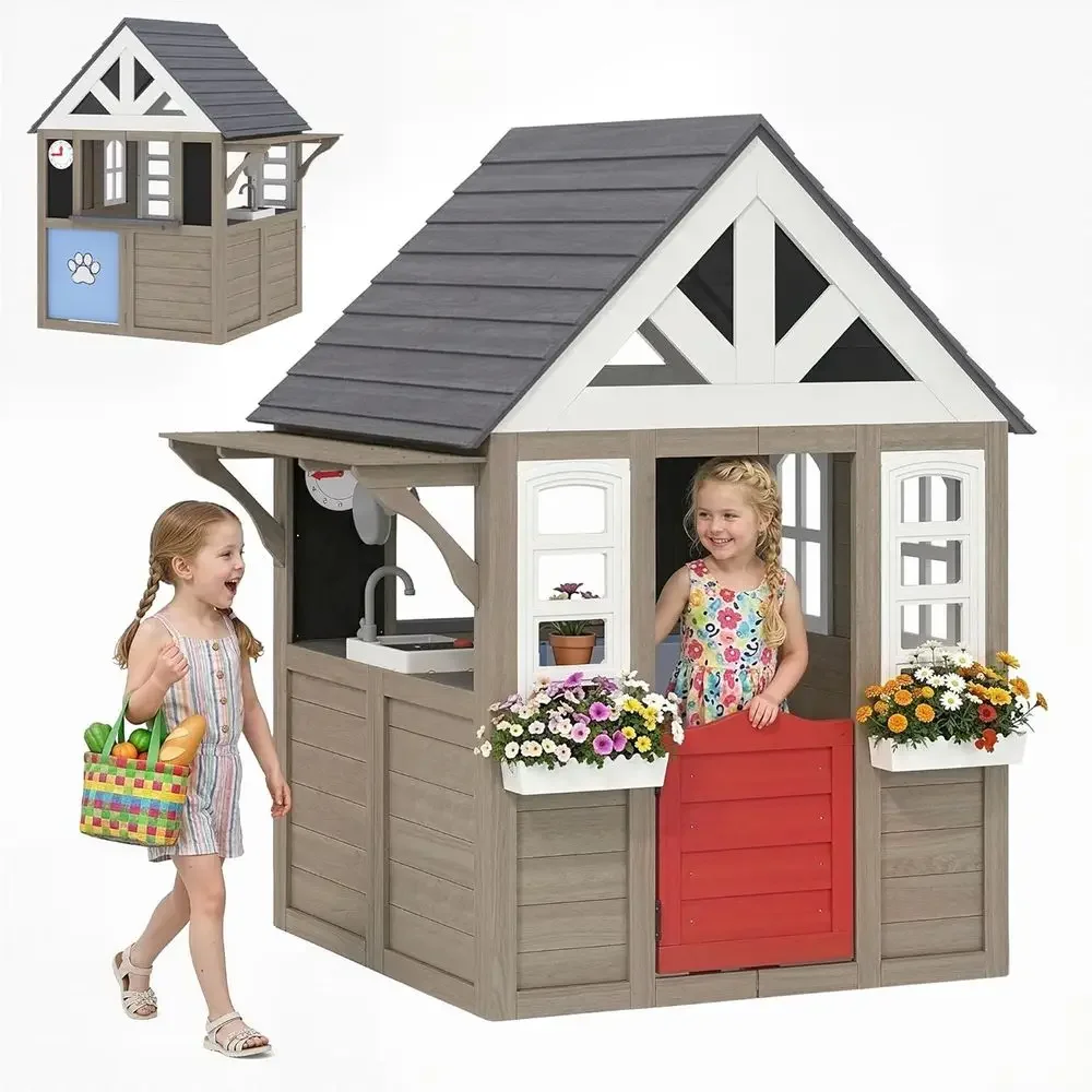 Qaba Outdoor Playhouse, Wooden - Qaba Kids Outdoor Playhouse ulasan dan harga