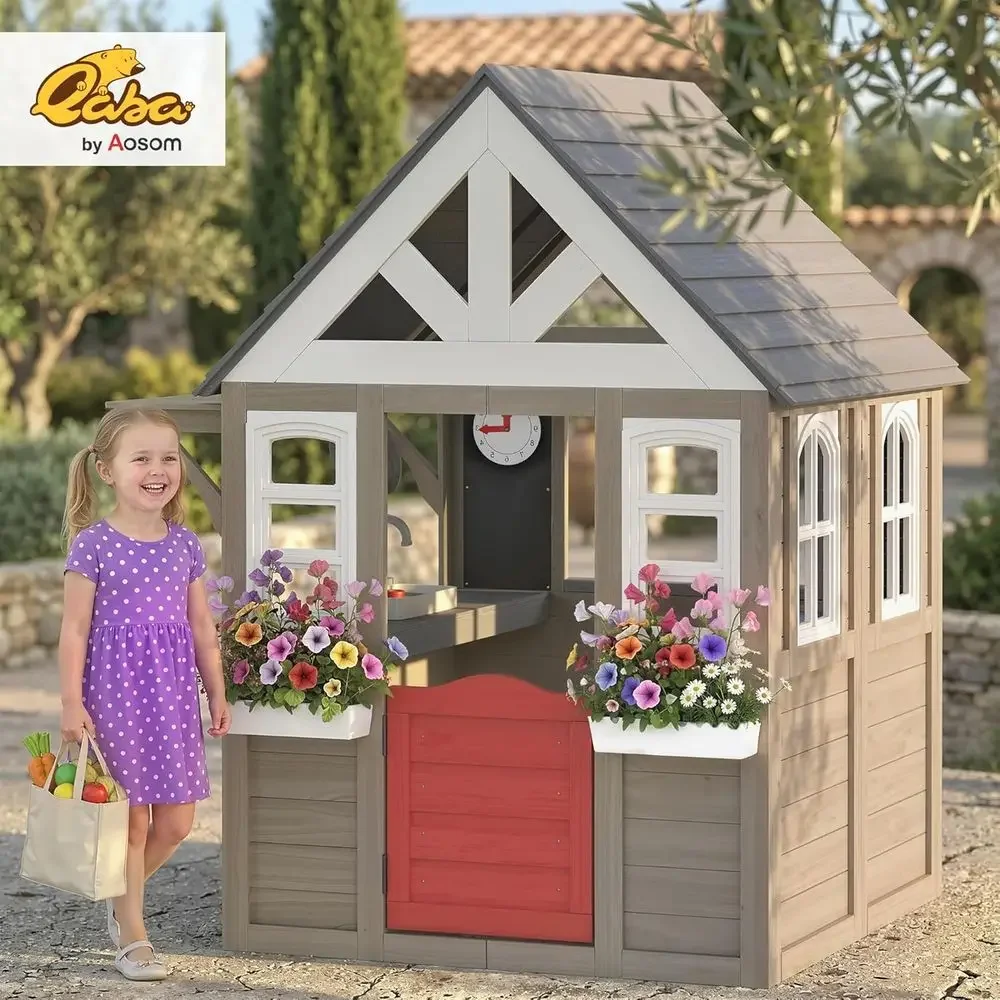 Qaba Outdoor Playhouse, Wooden - Qaba Kids Outdoor Playhouse ulasan dan harga